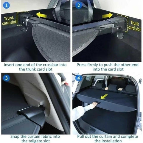 Installation steps for Retractable Trunk Cargo Cover for Dodge Durango Third Row 2011-2021 showing crossbar placement.