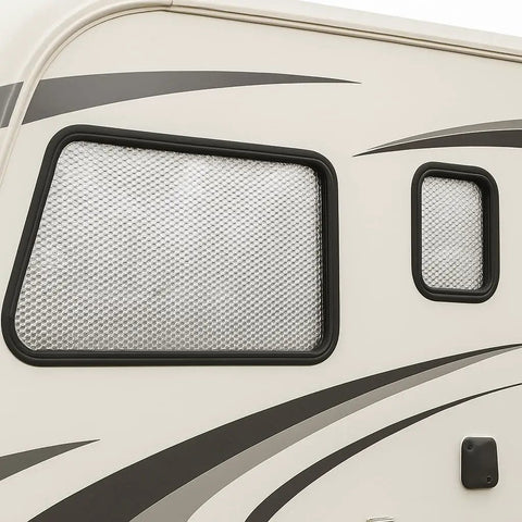 16 By 10 Foot Bubble Double Reflective Insulation Roll With Foam Core Thermal Shield For Rv Windows And Interior Doors Featuring Self Adhesive Pads applied on RV windows.