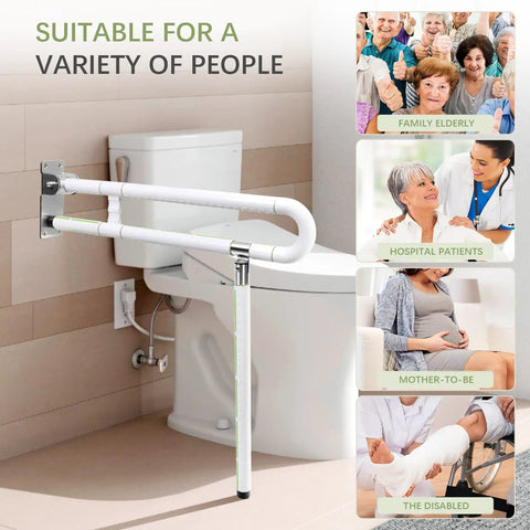Heavy Duty 29.5 Inch Foldable Toilet Grab Bar With Flip Up Safety Rail And Foolproof Non Slip Handle For Seniors And Mobility Support Built Tough To Carry Up To 450 Lbs Smoothly with white stainless steel design.