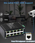 Rugged 10 Port Gigabit PoE Switch With 8 PoE Plus Ports 2 Gigabit Uplinks 2 SFP Uplinks 120 Watt Budget shown powering IP camera