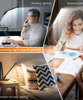 Lit LED Desk Lamp With Clamp And Remote Control in use for working, drawing, and bed lighting, showcasing flexible swing arm and dual modes.