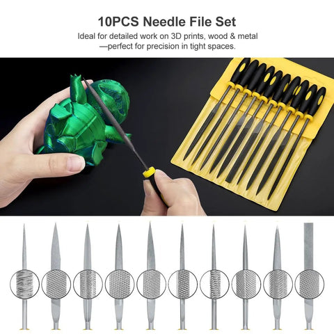 Goes Hard 82 Piece 3D Printer Tool Kit With Rugged Carry Case for nozzle sweeping, showing a hand using a needle file on a model.