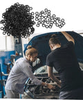 500 Piece Compression Wave Spring Washer Set For Car Jobs And Home Shop, Heavy Duty Load Bearing Elastic Gaskets And Spacers For Bolts, Gear, Machinery And DIY Projects, black wave washers on white and car repair scene