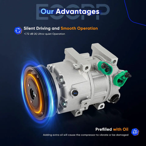 Top Notch Air Conditioning Compressor Replacement Compatible With 2012 To 2018 Hyundai Sonata And Kia Optima 2.0l And 2.4l Engines, prefilled with oil.