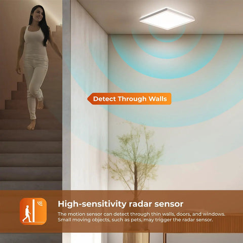 Dimmable Motion Sensor LED Ceiling Light With Remote, 12 Inch 24W 2400LM Flush Mount Fixture For Closet Hallway Laundry Porch Stair, Radar Motion Activated, 3000K 4000K 5000K, Easy Install in action, detecting through walls