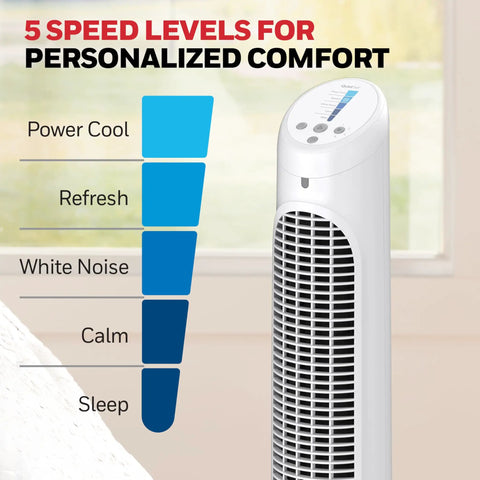 Keep The House Chilled Lowkey Whisper Quiet Oscillating Tower Fan With Full Digital Remote Control displaying 5 speed levels for comfort.