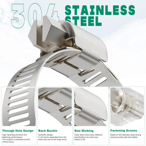 175 Pcs Stainless Steel Hose Clamp Kit With Eight Sizes From One Quarter Inch To Two Inches Adjustable Worm Gear Clamps Heavy Duty For Automotive Radiator Plumbing Fuel Lines Includes Socket Wrench And Screwdriver close-up of clamp design and features