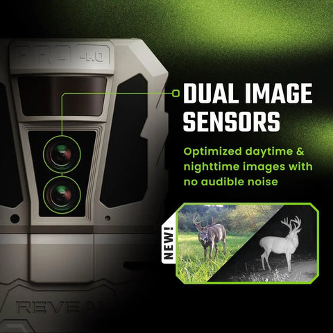 Game Changing Cellular Trail Camera With Epic Battery Life And Instant Photo Alerts For Dedicated Hunters Includes Premium Microfiber Wipe For Crisp Lens Views All Season Field Ready showing dual image sensors.