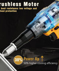 Workhorse Cordless Rivet Gun With Brushless Motor And One Button Auto Riveting For 20V Batteries Including Aluminum Rivets Quick Swap Nose and Bright Led Work Light Tool Only showing the brushless motor and riveting end.
