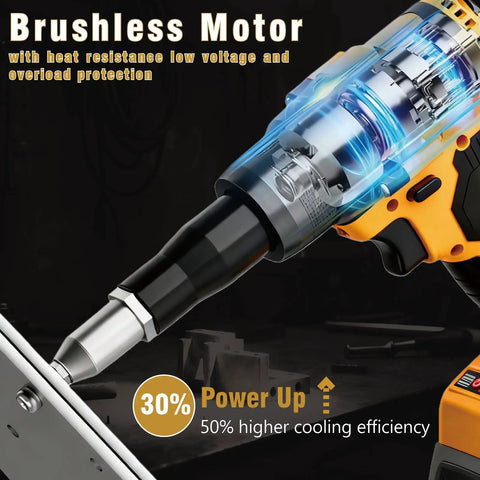 Workhorse Cordless Rivet Gun With Brushless Motor And One Button Auto Riveting For 20V Batteries Including Aluminum Rivets Quick Swap Nose and Bright Led Work Light Tool Only showing the brushless motor and riveting end.