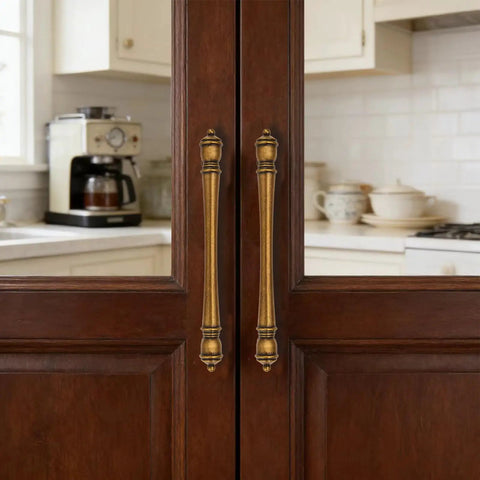 Top Shelf Vintage Antique Brass Cabinet Pulls Three And Three Quarter Inch Centers Solid Metal Drawer Handles For Kitchen Cabinets And Bathroom Vanities Slick Durable Finish Set Of Two on wooden cabinet doors.