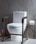 Heavy Duty Toilet Safety Rails With Padded Grip Handles Great For Seniors And Post Surgery Recovery To Help You Rise From Chair Or Couch Easily Bathroom Assist Bar Grab Support For Safe Mobility Transfers in a modern bathroom setting.