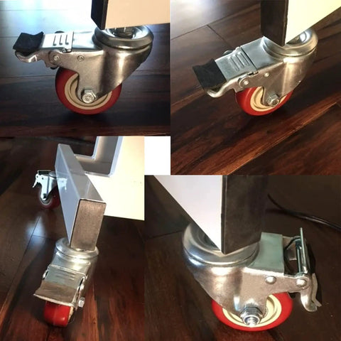 Hefty Heavy Duty Swivel Casters With Double Lock Brakes And Slick Red Polyurethane Wheels For Ultra Smooth Silent Roll close-up of red wheels and locking mechanism.