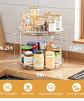 Heavy Lift Double Tier Lazy Susan Turntable Organizer For Pantry Or Fridge. 9 inch, 7.6 inch tall, clear base with jars.