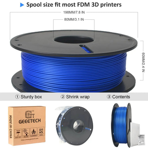 Blue PLA 3D Printer Filament 1.75mm 0.5Kg Spool High Purity Corn Compound showing spool size and packaging details.