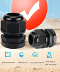 Two black plastic waterproof cable glands with PG7-threaded ends for cable strain relief.