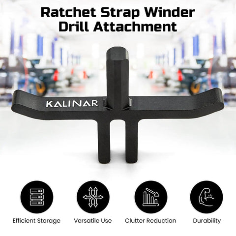 Black Ratchet Strap Winder Drill Bit Attachment for Effortless Tie Down Rolling, shown in a garage backdrop