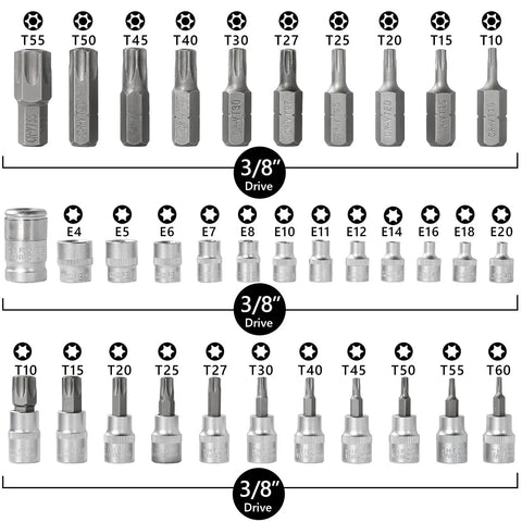 34 Piece Torx Star Bit Socket Set Handheld Tool With Portable Blue Storage Case displayed with chrome-vanadium bits and sockets