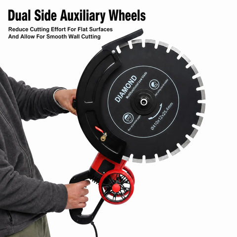 4000 Watt Electric Concrete Saw With 16 Inch Diamond Blade For Wet Or Dry Cutting Zero Downtime Heavy Duty Masonry Cutter, showing dual side auxiliary wheels.
