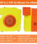Side view of a Dual Mode 1300W 1600W Commercial Air Blower with 1.7HP and 2.1HP motors for inflatables, showing design and specs.