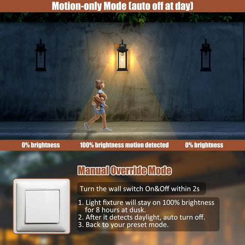 Hella Bright Motion Sensor Porch Light With Slick Dusk To Dawn Detection illuminating pathway with child, showcasing motion detection features.