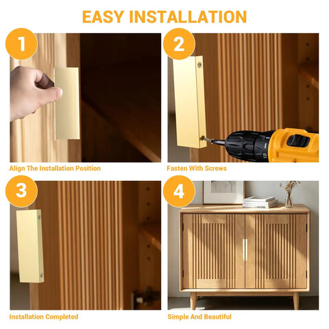 Installation steps for Heavy Duty 10 Pack Edge Finger Pulls For Cabinets, showing aligning, fastening, and completed look.