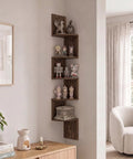 Total Game Changer Corner Wall Shelves Five Tier Floating Storage Rack With Trendy Zigzag Design Columbia Walnut Finish showcasing toys and decor.