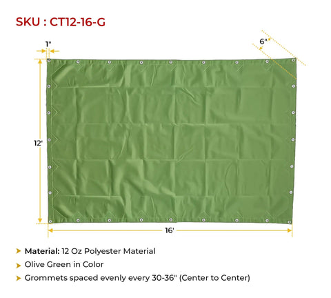 Olive Green 12x16 Tarp, 12 Oz Polyester Heavy Duty, Water Resistant And Breathable, Finished Size 12 Foot By 16 Foot, with grommets