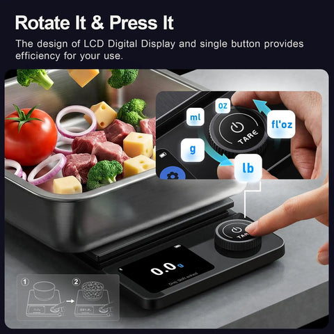 Smart Food Kitchen Scale With Nutritional Calculator And Timer, 0.1g Precision, user using digital display with bowl of food