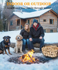 24 Inch Indoor Firewood Rack With Carrier near outdoor fire, couple seated with dogs, wooden cabin in the background