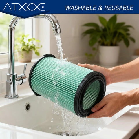 Washing heavy duty replacement filter kit for 5 to 20 gallon wet dry vacuums under faucet in sink