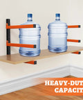 2 Pack Lumber Rack Wood Organizer and Wall Mount Shelf System with 3 Levels Heavy Duty Orange Metal Storage Racks, holding water bottles