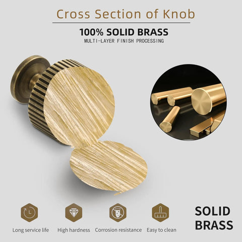 Cross-section of Antique Brass Cabinet Knobs Set, 6 Pack, Heavy Duty Solid Brass Drawer Pulls, highlighting solid brass material.