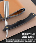 Premium Straight Razor And Leather Shaving Strop Set With Sharp Stainless Steel Blade shows sharp blade alongside a leather strop.