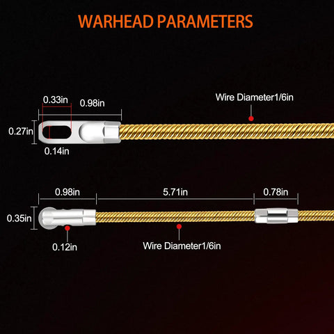 Diagram showing Workhorse Fish Tape 16.4 Ft Wire Puller with 1/6 inch diameter, wire dimensions, and nickel-plated components for electrical use.