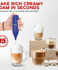 Handheld Milk Frother 14,000 RPM Drink Mixer Wand with Stand and Stirring Spoon creates creamy foam for coffee and lattes.