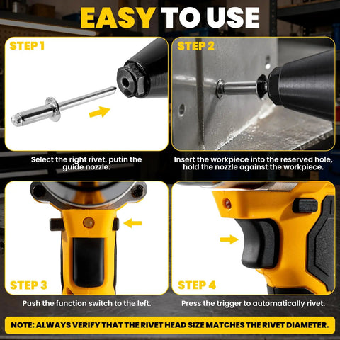 Step-by-step guide for using Heavy Duty 800W Brushless Rivet Gun with 2000 Ft Lbs Torque, showcasing nozzle and function switch.