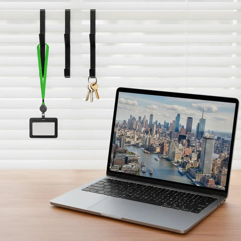 Two-Pack Double Coat Hooks For Cubicle Panels with ID holder and keys, on office wall, modern cubicle decor with laptop in view