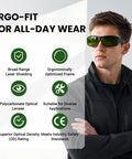 Kickass 800-1100nm Laser Safety Glasses Featuring Tough OD5+ And OD7+ Ratings For Near Infrared Work on a man in ergonomic frame