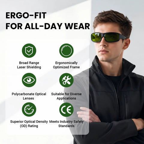 Kickass 800-1100nm Laser Safety Glasses Featuring Tough OD5+ And OD7+ Ratings For Near Infrared Work on a man in ergonomic frame