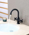 Matte Black Two Handle Bathroom Sink Faucet With 360 Degree Swivel Spout For 1 Hole Vanities Drip Free Ceramic Cartridge Solid Brass Waterway