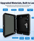 Tough As Nails Galvanized Steel EV Charger Lock Box With Outdoor Pedestal Stand, details of tempered glass door and interior features.