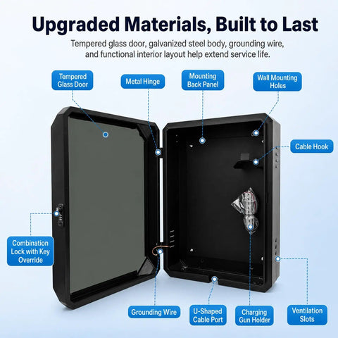 Tough As Nails Galvanized Steel EV Charger Lock Box With Outdoor Pedestal Stand, details of tempered glass door and interior features.