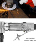90 Degree Pneumatic Angle Die Grinder Cranking At 20000 Rpm With 2 Inch Grinding Disc for tight spaces, shiny steel finish.