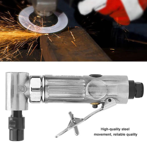 90 Degree Pneumatic Angle Die Grinder Cranking At 20000 Rpm With 2 Inch Grinding Disc for tight spaces, shiny steel finish.