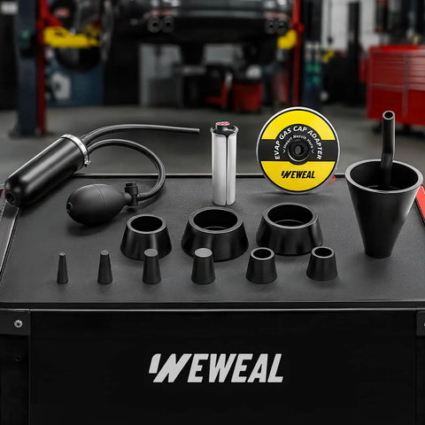Slick 12-In-1 Smoke Machine Accessory Kit For Automotive Evap And Vacuum Leak Detection showing various seals and an inflatable ball tool.