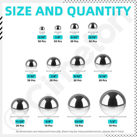Heavy Duty Loose Bicycle Bearing Balls Assortment Kit With 300 Precision Steel Replacement Balls Across 12 Ready To Roll Sizes showing sizes and quantities of steel balls.