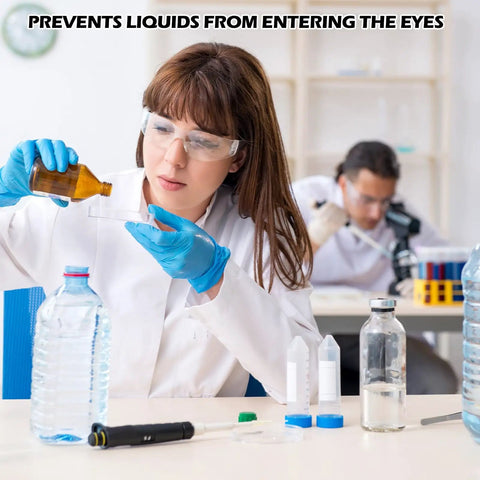 Badass Bulk Safety Glasses In A Massive 150 Pack Featuring Clear And Gray Lenses For Construction Lab Or Work Projects Lightweight Protective Eyewear worn by a woman in a lab.