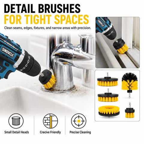 Tough As Nails 21v Cordless Drill Driver Kit With Two Batteries And Five Cleaning Brushes in use for detailed cleaning.