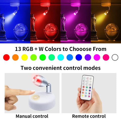 Cordless Indoor RGBW LED Spotlight Kit With Remote Control 13 Color Options display with manual and remote control features